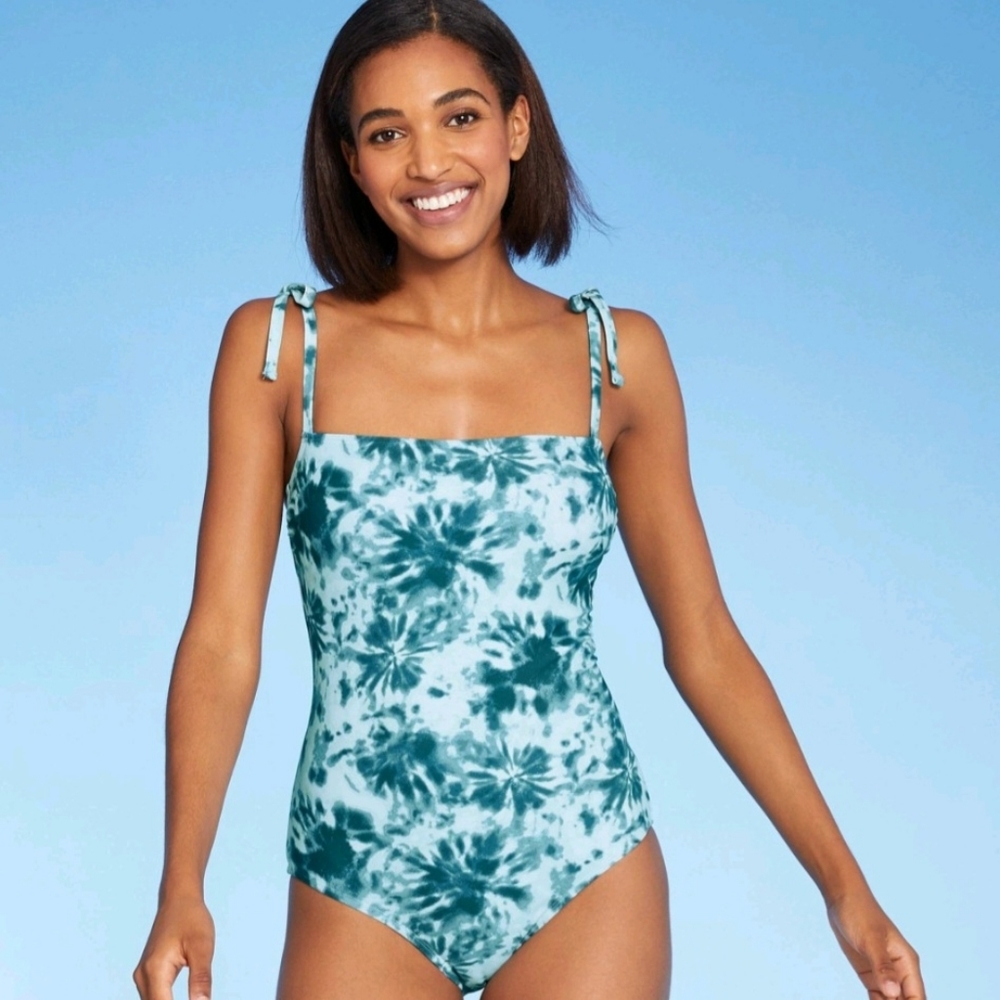 Kona Sol Shoulder Tie Square Neck Blue Tie Dye One Piece Swimsuit - Medium